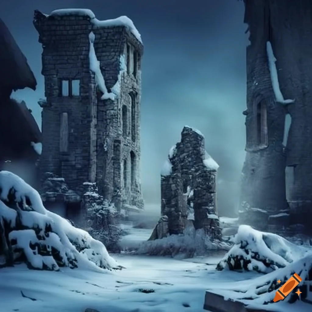 snowy ruins in a mystical land