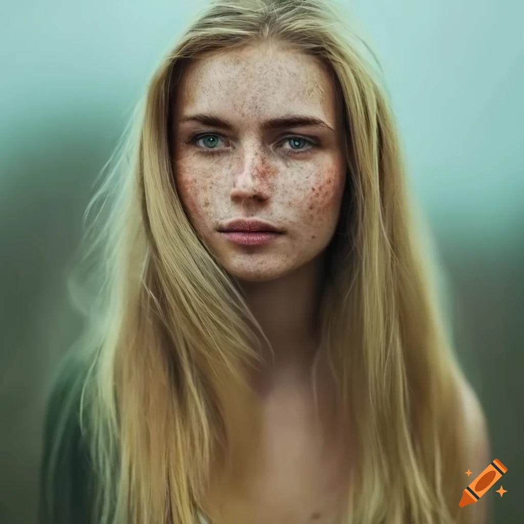 a woman with blonde hair and freckles posing in nature