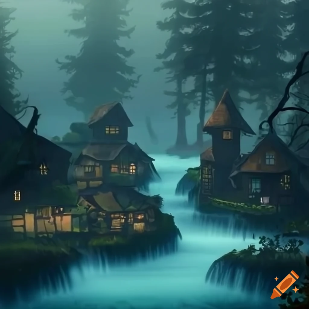 Wood elf village along a river, nestled among enormous trees in a misty