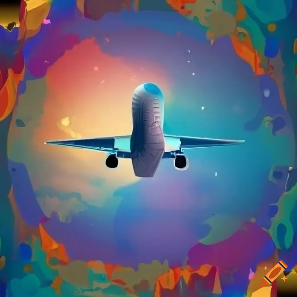 A plane on a colorful background with planets around on Craiyon