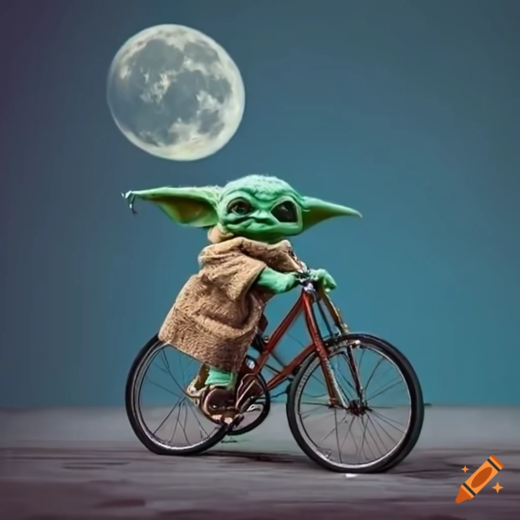 Baby yoda on bike in front of moon on Craiyon