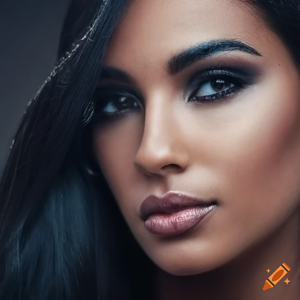 A beautiful Latina woman with dark hair wearing black, high detail, 4K ultra HD, high resolution, perfect eyes, detailed hair, photorealism, headshot, symmetrical face, accurate face, showing
