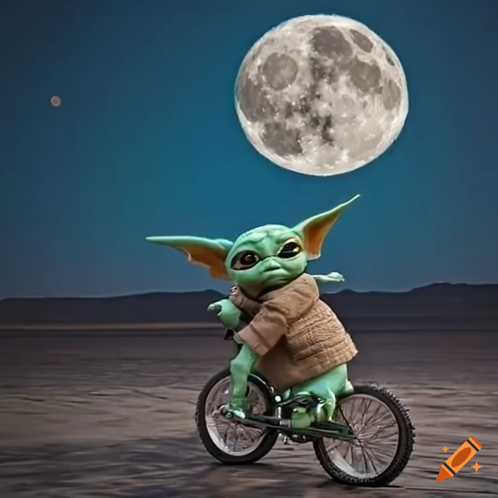 Baby yoda on bike in front of moon