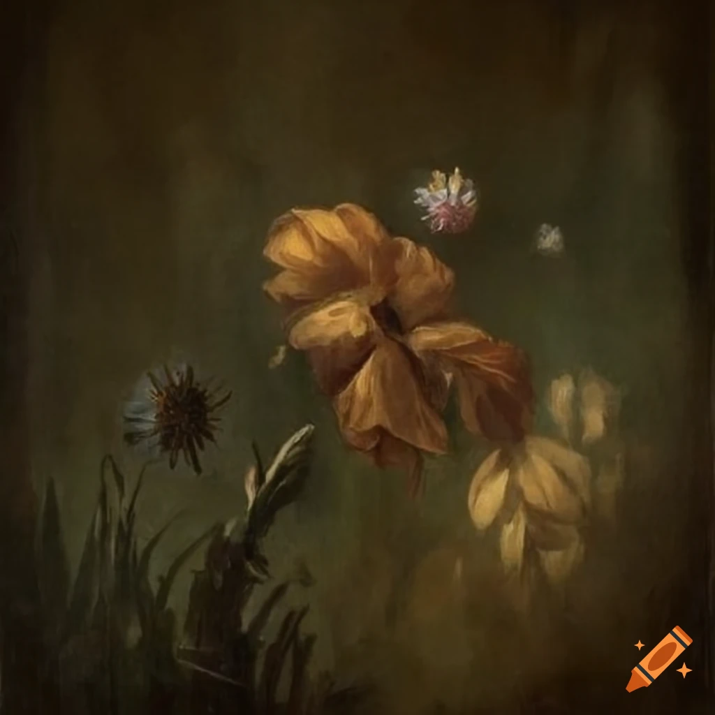 Withered flowers in a field with a pond, all with a gloomy, melancholic ...