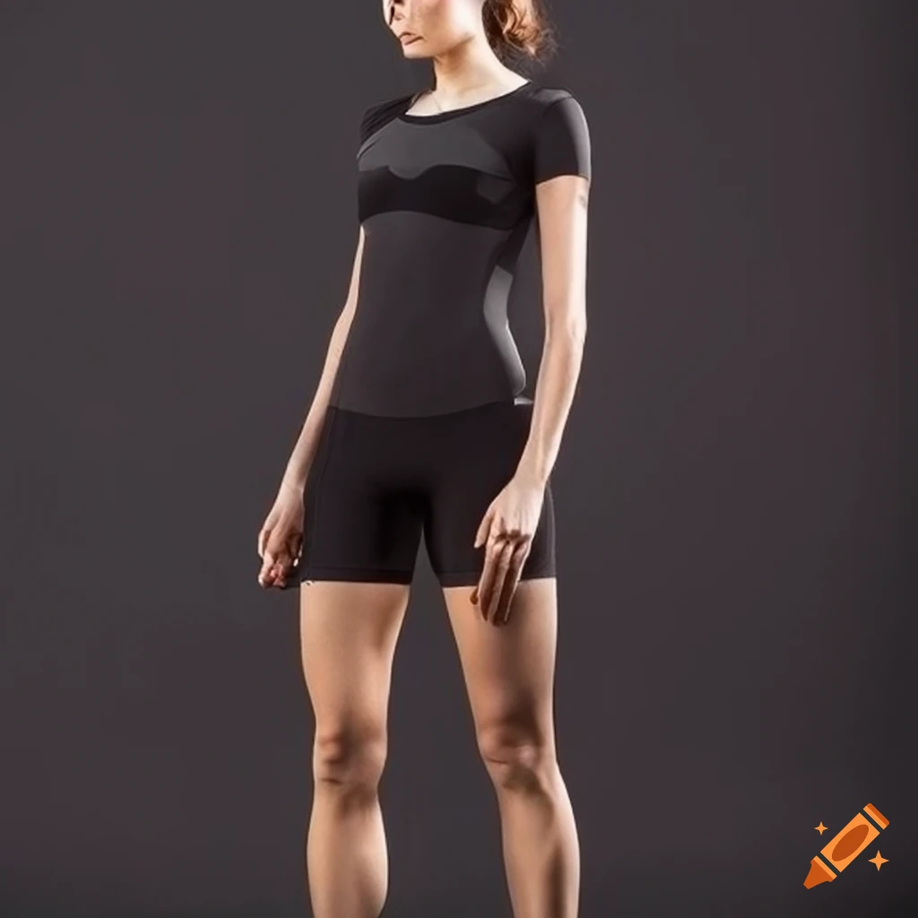 Full length and short sleeve black athletic compression shirt, female  model, sleek and modern design on Craiyon