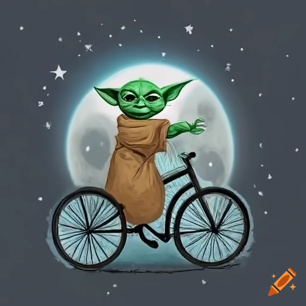 Baby yoda riding bike in front of moon