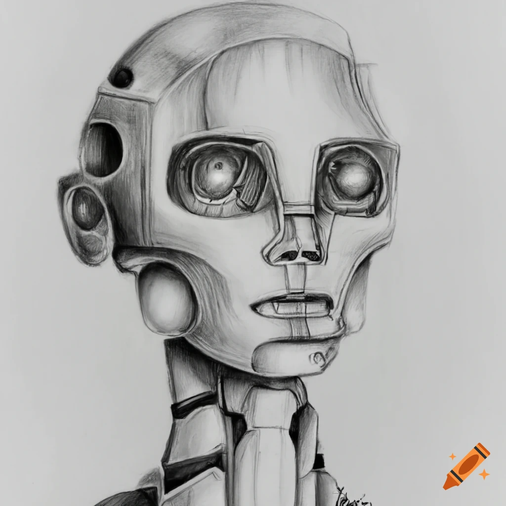 Pencil drawing of robot head looking up with relaxed expression on