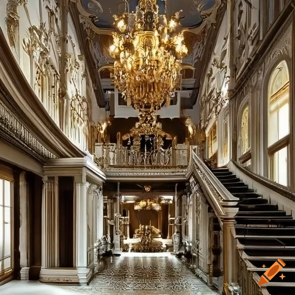 Ont Castle Interior With Grandiose Staircase Silver Rails Large Windows Elegant White Marble Fully Furnished Ious Halls And Rooms Tall Ceilings Luxurious Cool Tones Fantasy Like Beautiful Classic On Craiyon