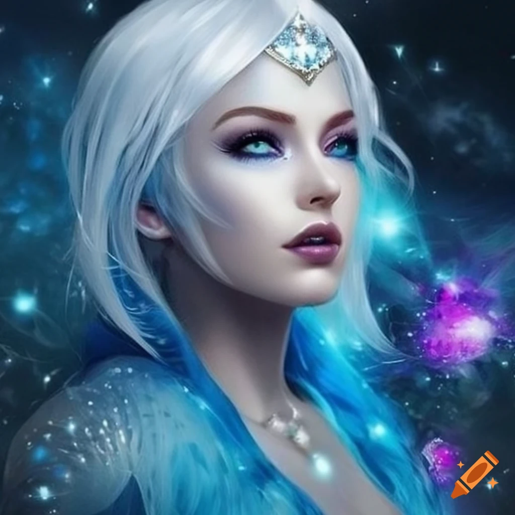 Beautiful ice goddess, short white hair, pale skin, light blue eyes ...