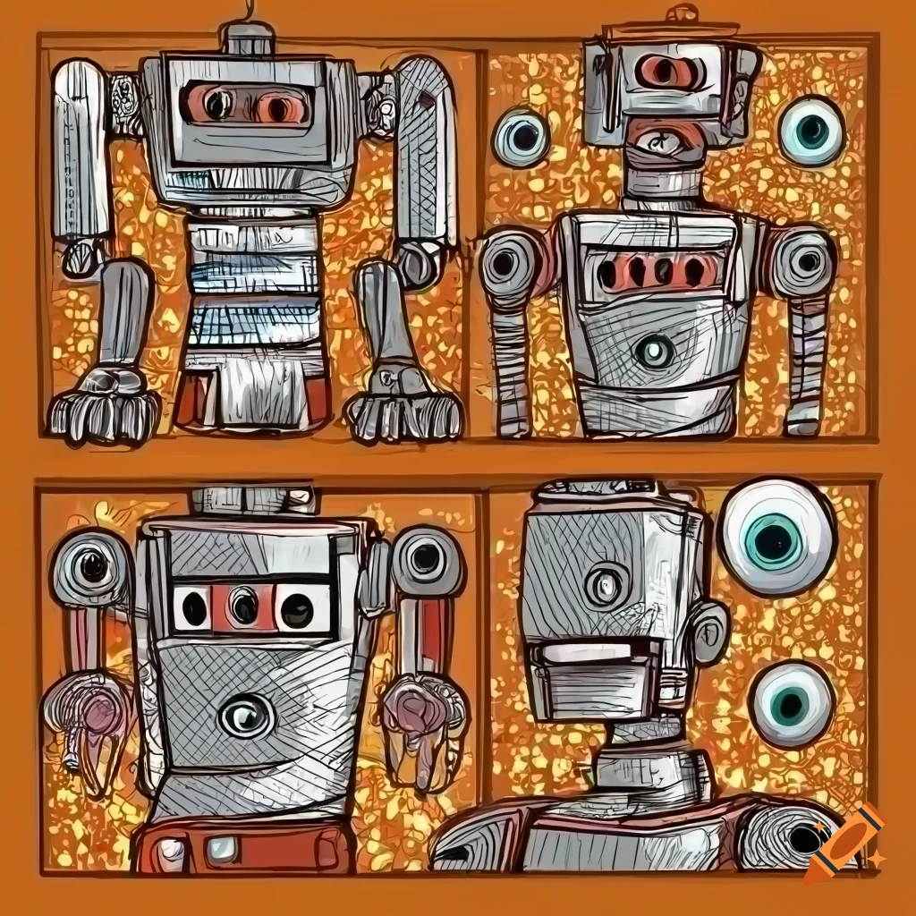 Diagonal set of robots with eyeballs, in electric blues, warm orange