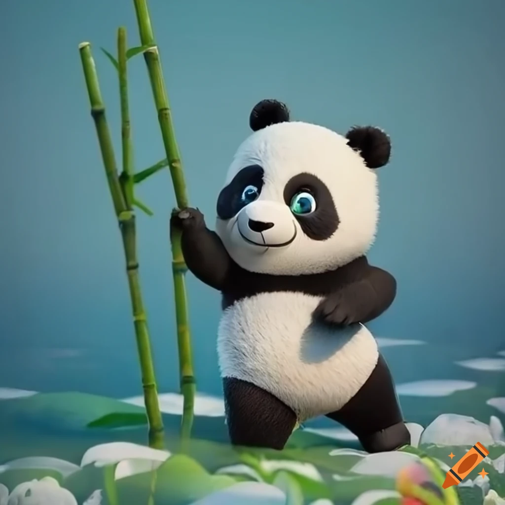 A super cute panda bear eating a bamboo, on a lake, pixar character,  animated movie style, octane render, warm lighting on Craiyon