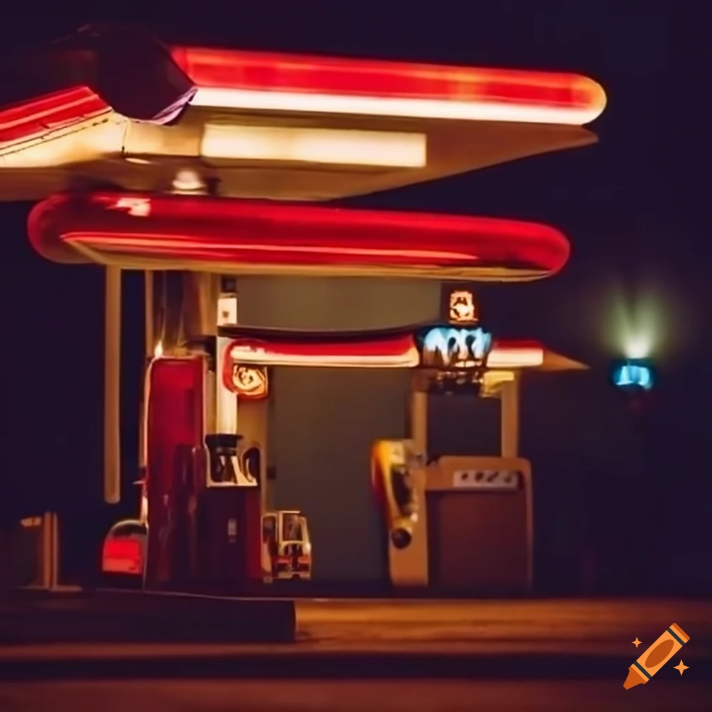 Vintage gas station in the rain and fog at night. it schould give a  melancholical feeling on Craiyon