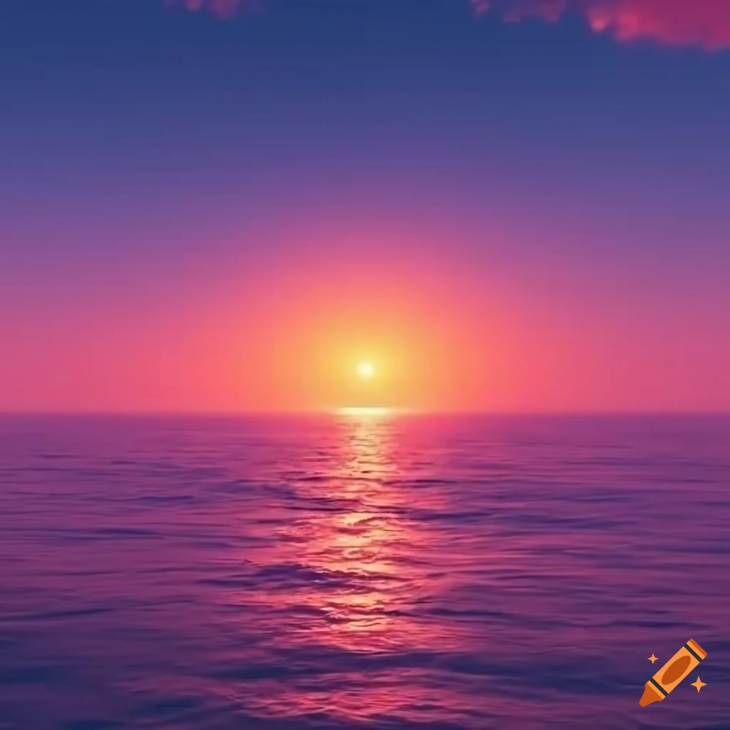 Imagine a serene sunset over a vast ocean, with vibrant hues of orange ...