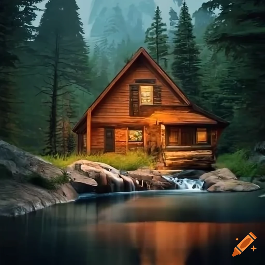 A cozy mountain cabin with a wraparound porch, surrounded by tall