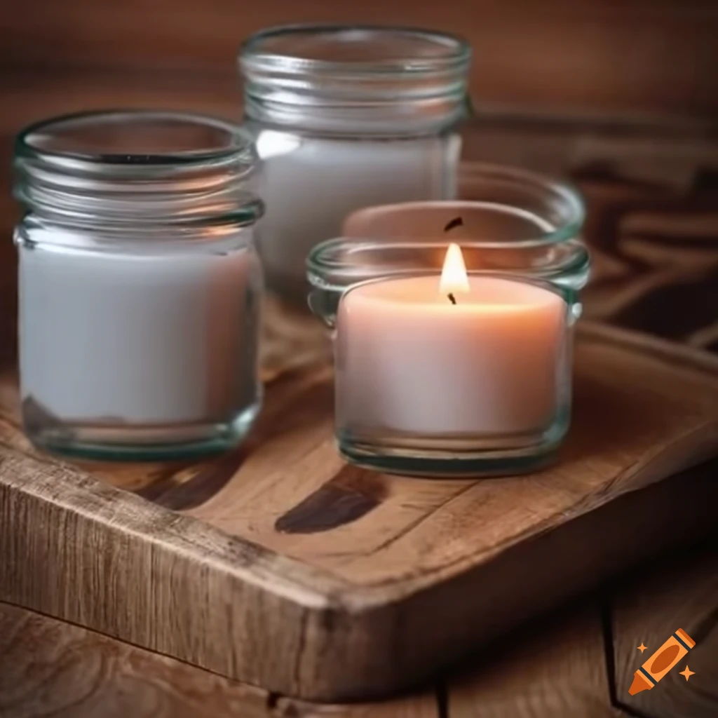 Aromatic candles in glass jars on a wooden surface