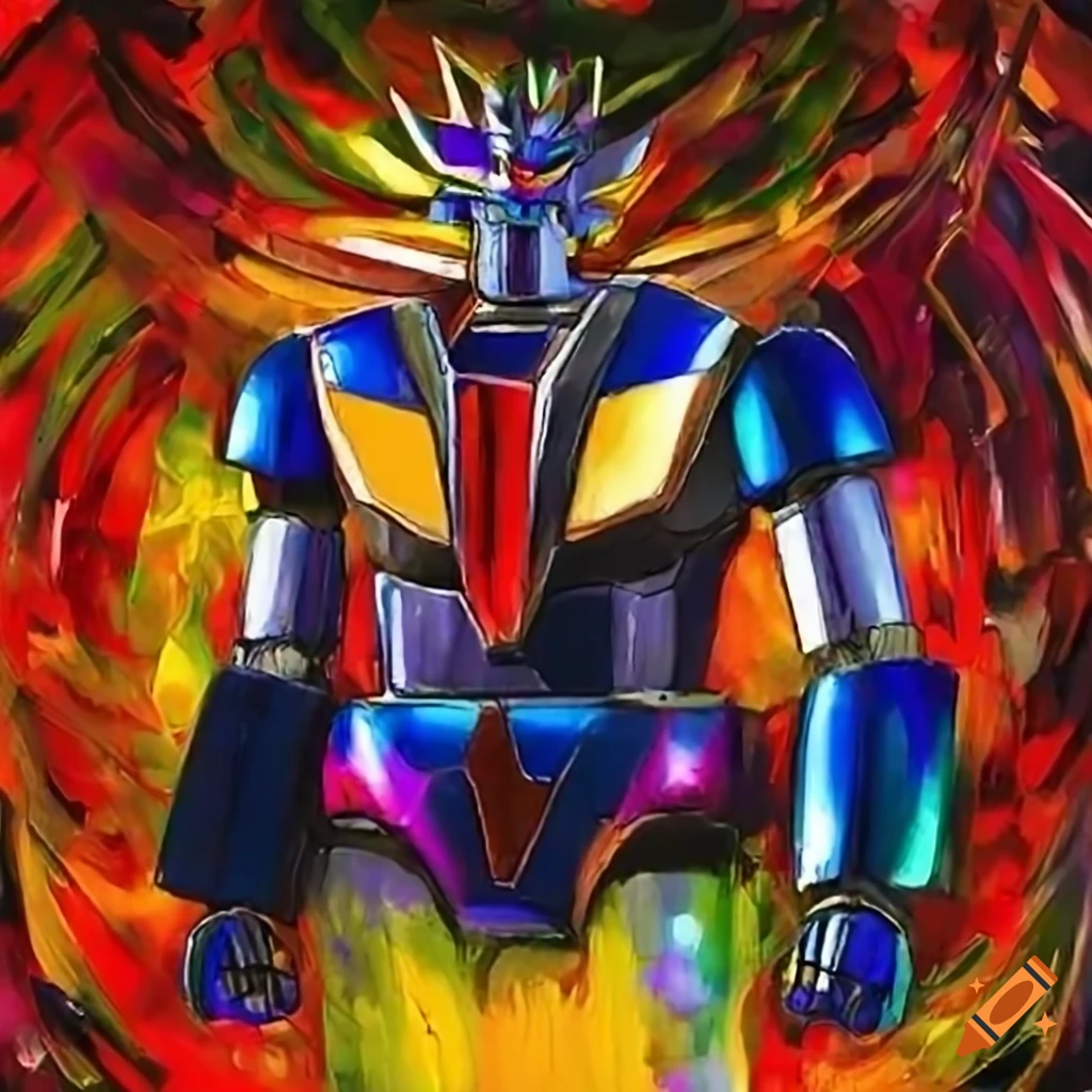 Retro japanese anime drawing of robust cassette mecha robot with speakers  shooting dense lightning bolts, in the style of mazinger z and goldrake.  cobalt blue, crimson red, gunmetal gray, electric yellow, neon
