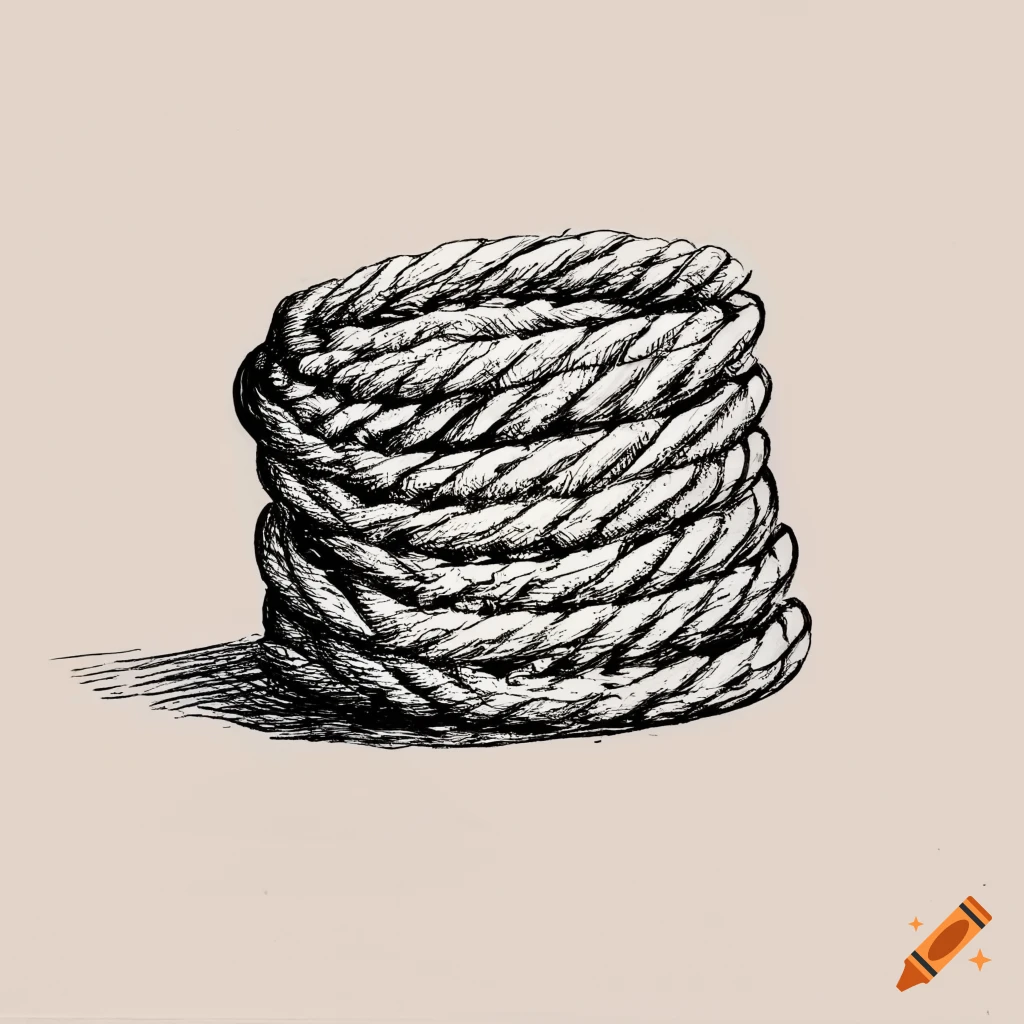 Simple line of a rope drawing in black and white from a frontal perspective  on a neutral white background on Craiyon