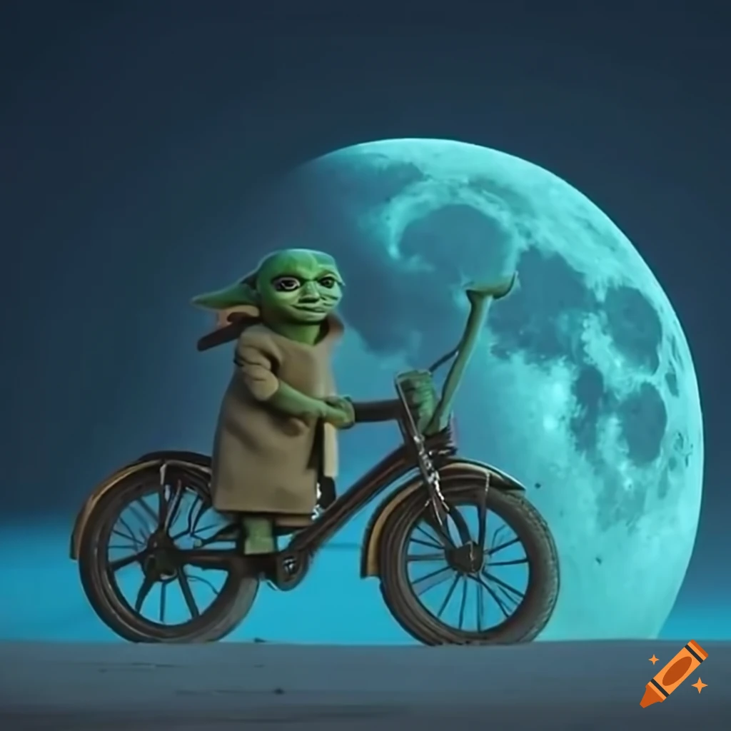 Baby yoda on bike in front of moon