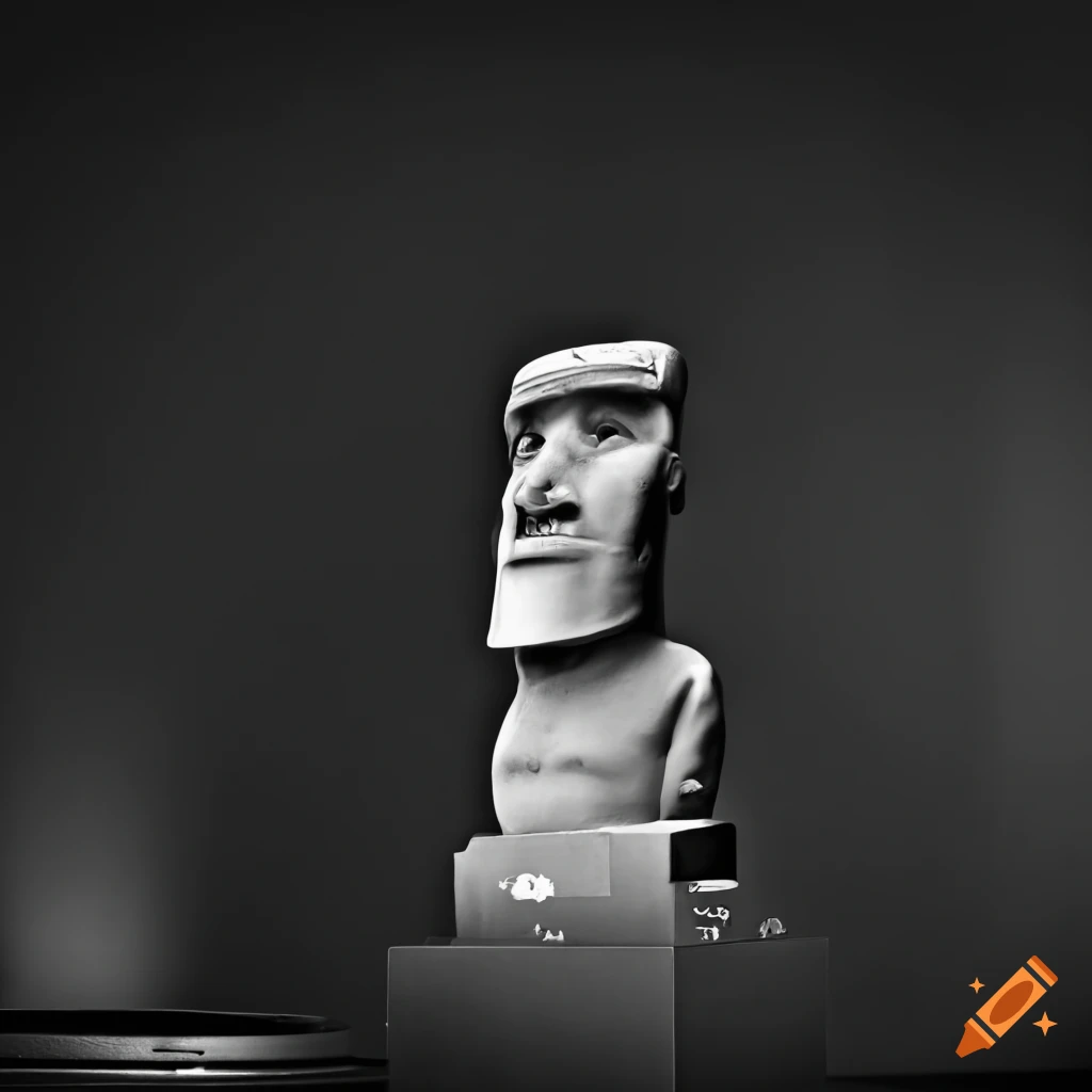 A moai behind a podium giving a speech
