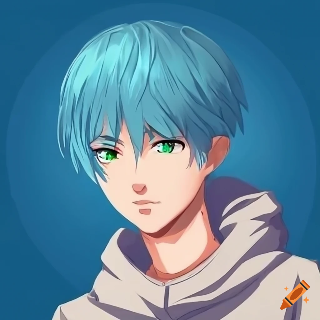 Young male anime character in sky blue background