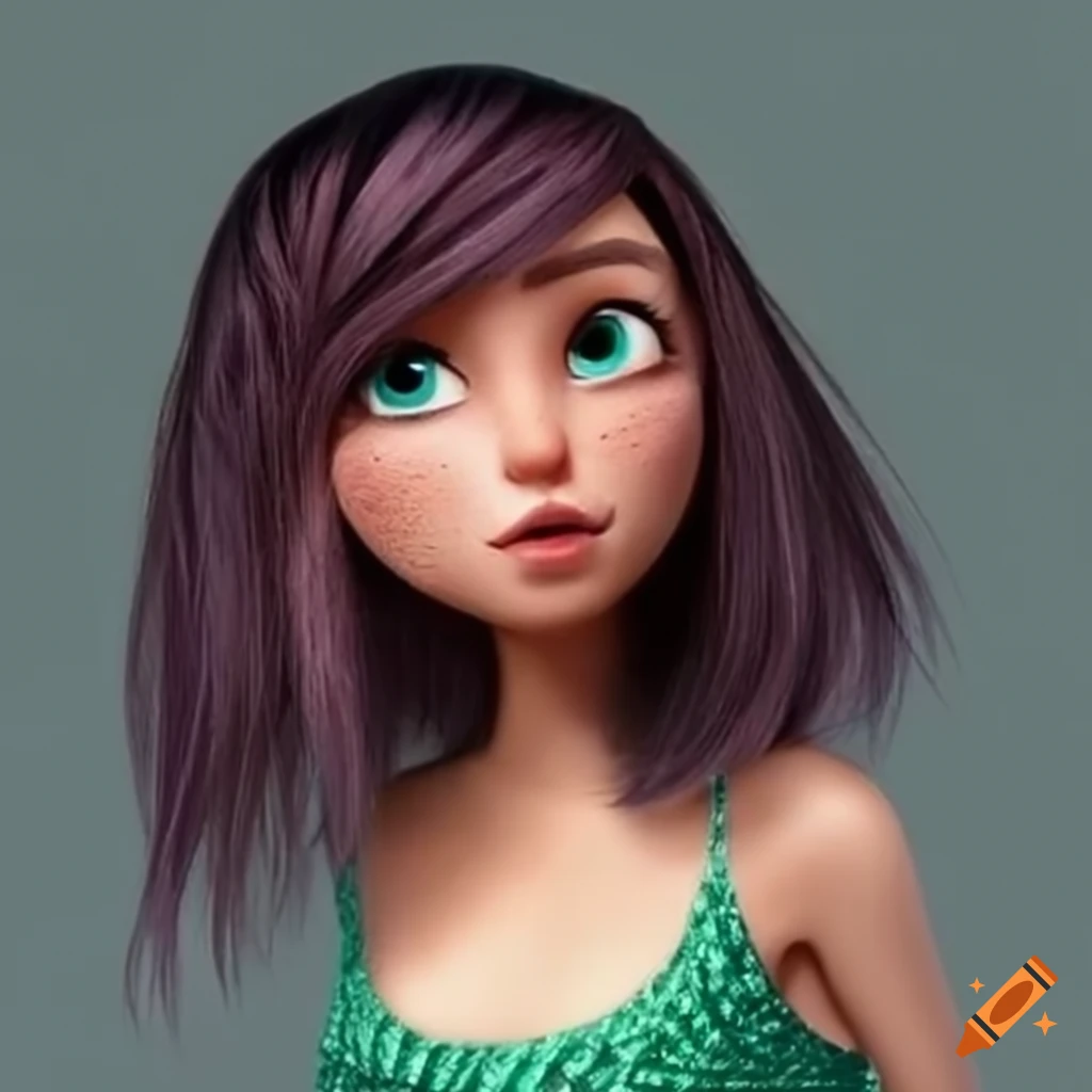 Femme cheveux marrons, yeux verts, style pixar
