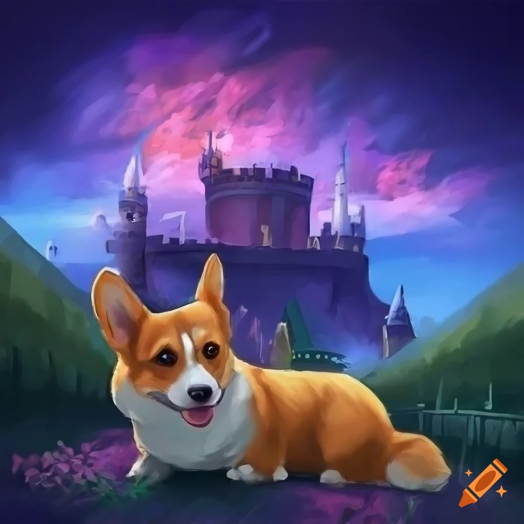 Concept art 2d corgi resting in a garden of the castle, large game  wallpaper, it takes two style, high quality