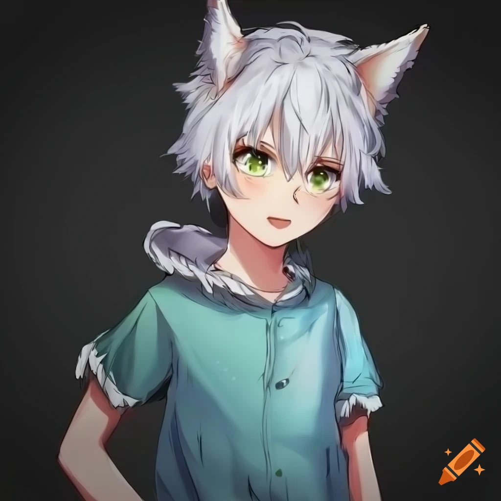 Anime kid with white hair and wolf ears, with one green eye and one ...