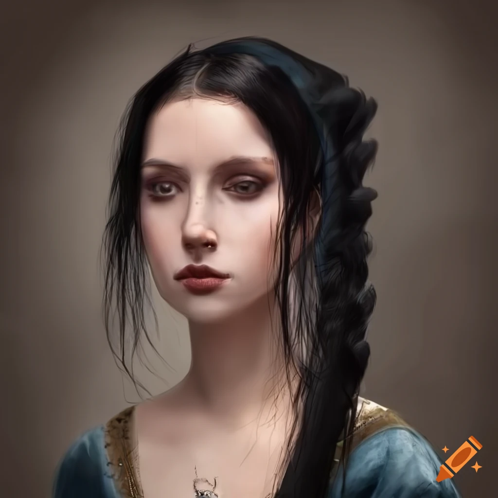 Portrait of a young woman with black hair. she wears medieval clothes ...