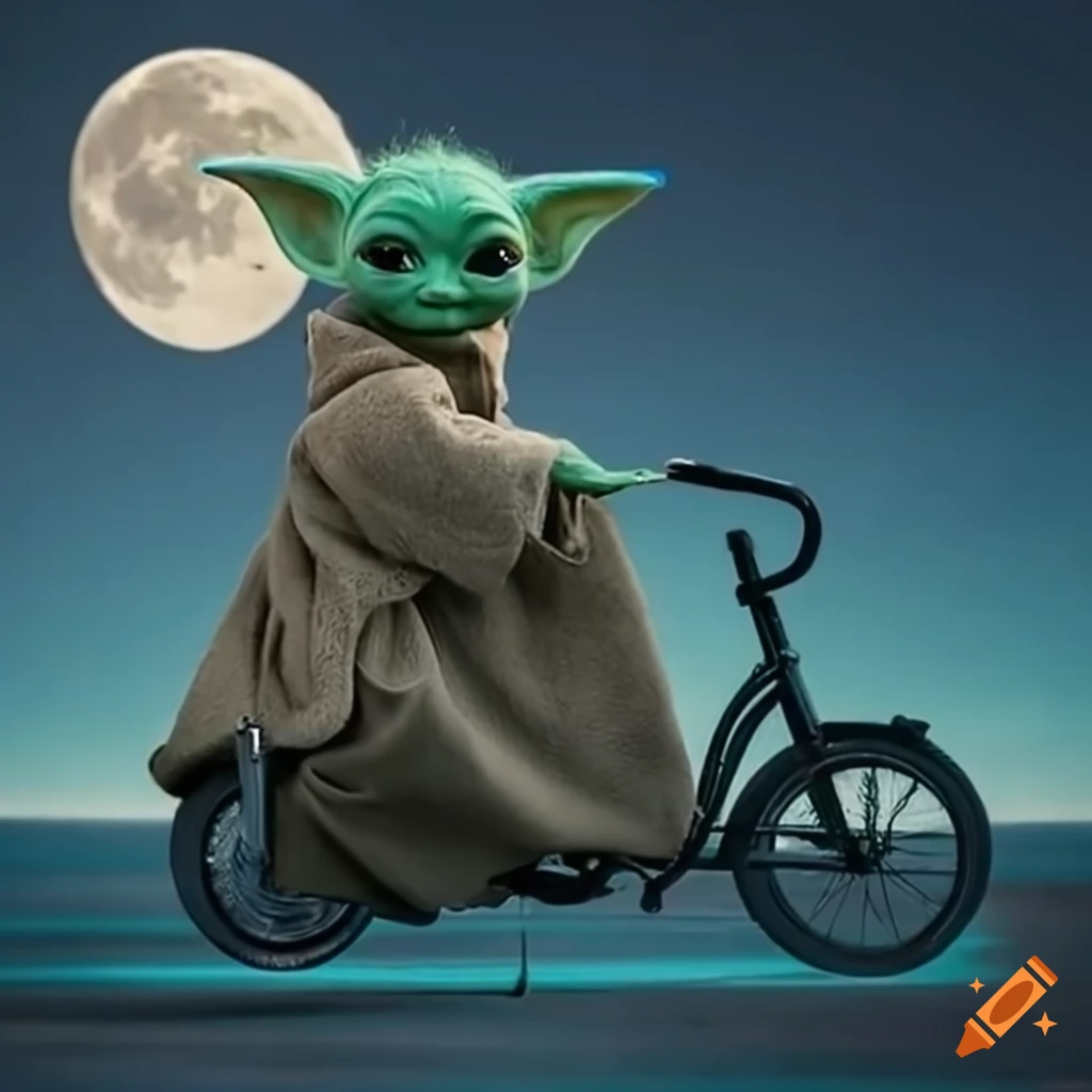 Baby yoda on bike in front of moon