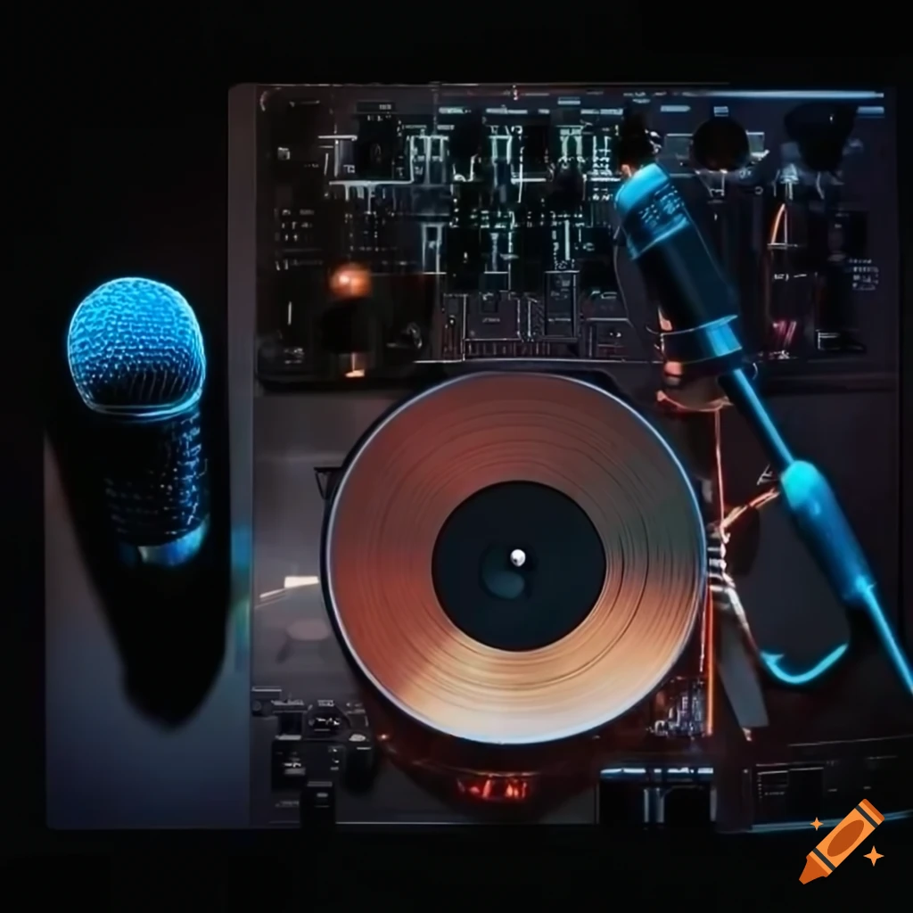 Dj table with vinyls and a microphone, still life, view from above