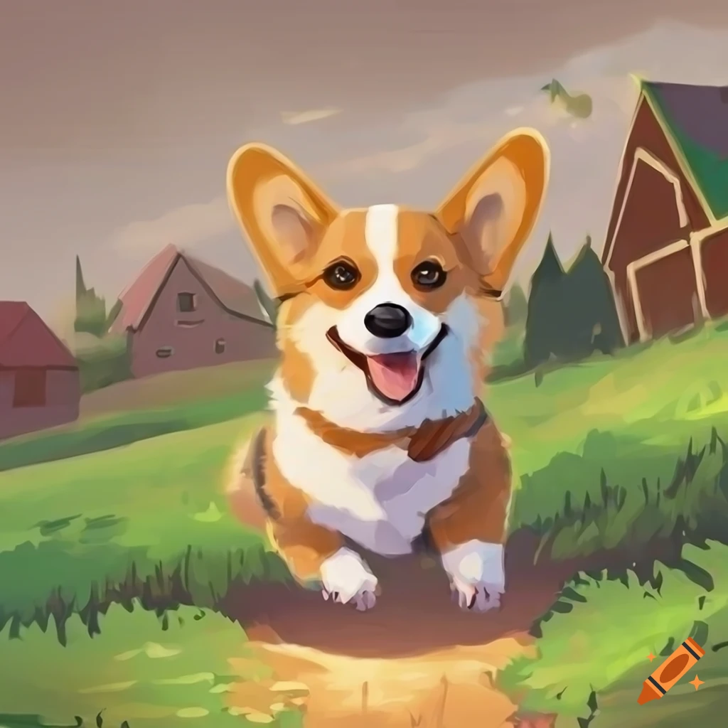 Concept art 2d corgi resting on a flower field, large game wallpaper,  farmville style, high quality on Craiyon