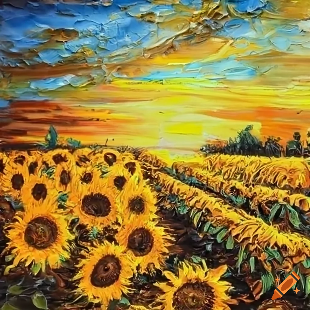Field on sunflowers. gold sunset. oil painting. very detailed drawing ...