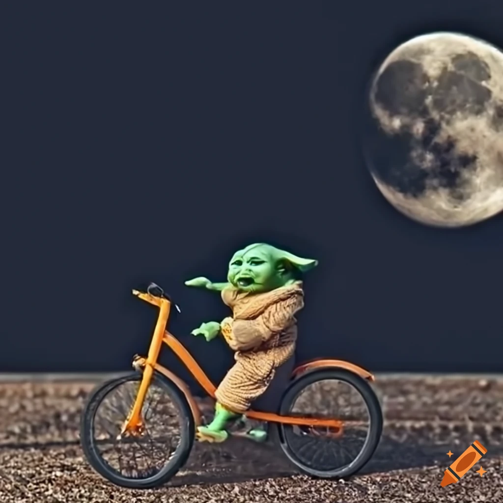 Baby yoda on bike in front of moon