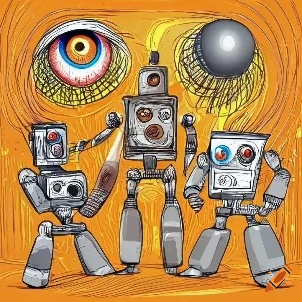 Geometric lineup of robots with eyeballs, in electric blues, warm