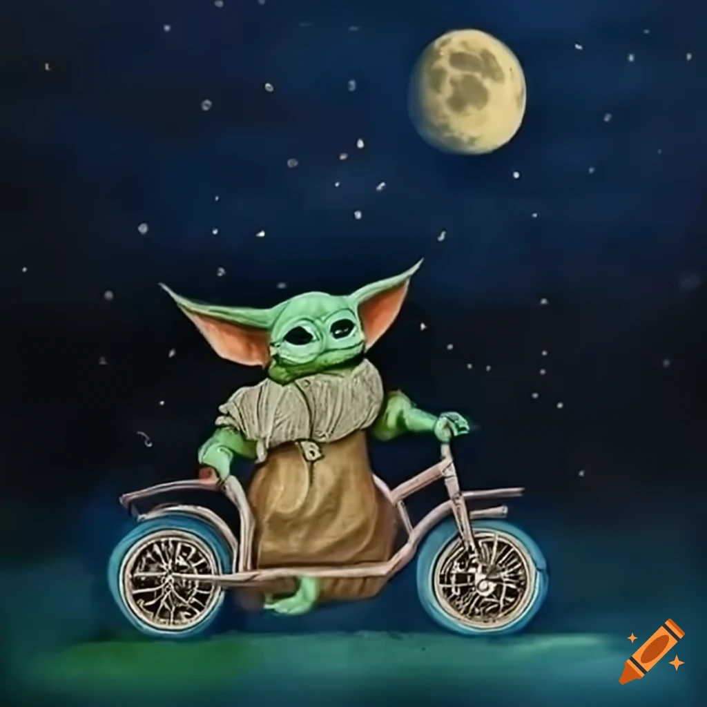 Baby yoda riding bike in front of moon on Craiyon