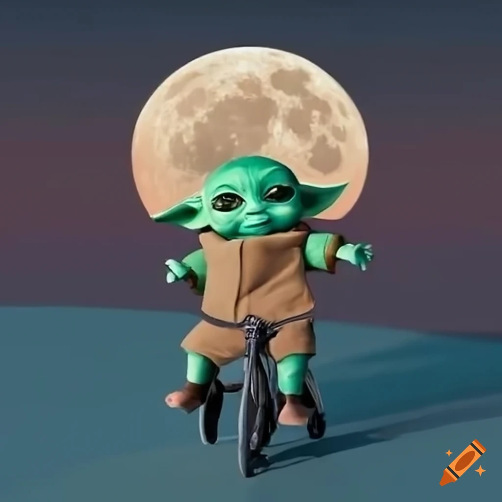 Baby yoda riding bike in front of moon on Craiyon