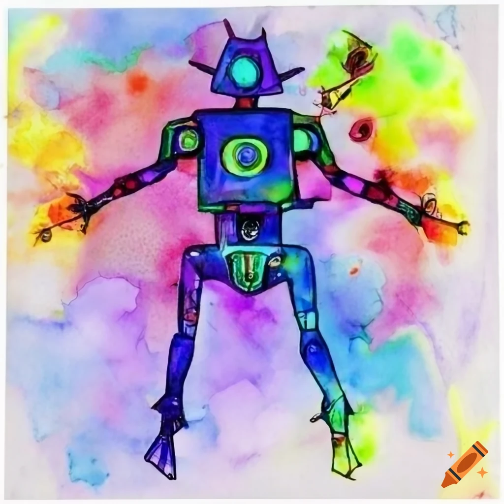 Robot Drawing Sketch in Color Watercolor Illustration Hyper