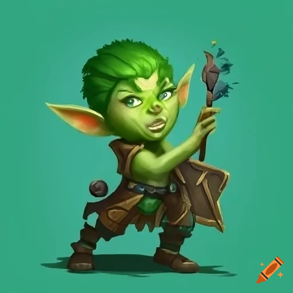 Character art, green skin, short, gnome, wizard