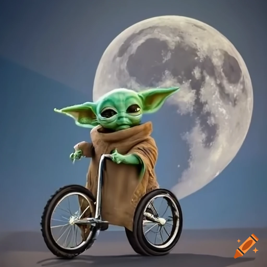 Baby yoda on bike in front of moon on Craiyon