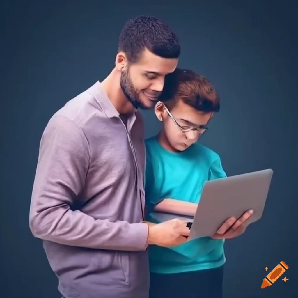 Student learning on laptop and his father standing behind him