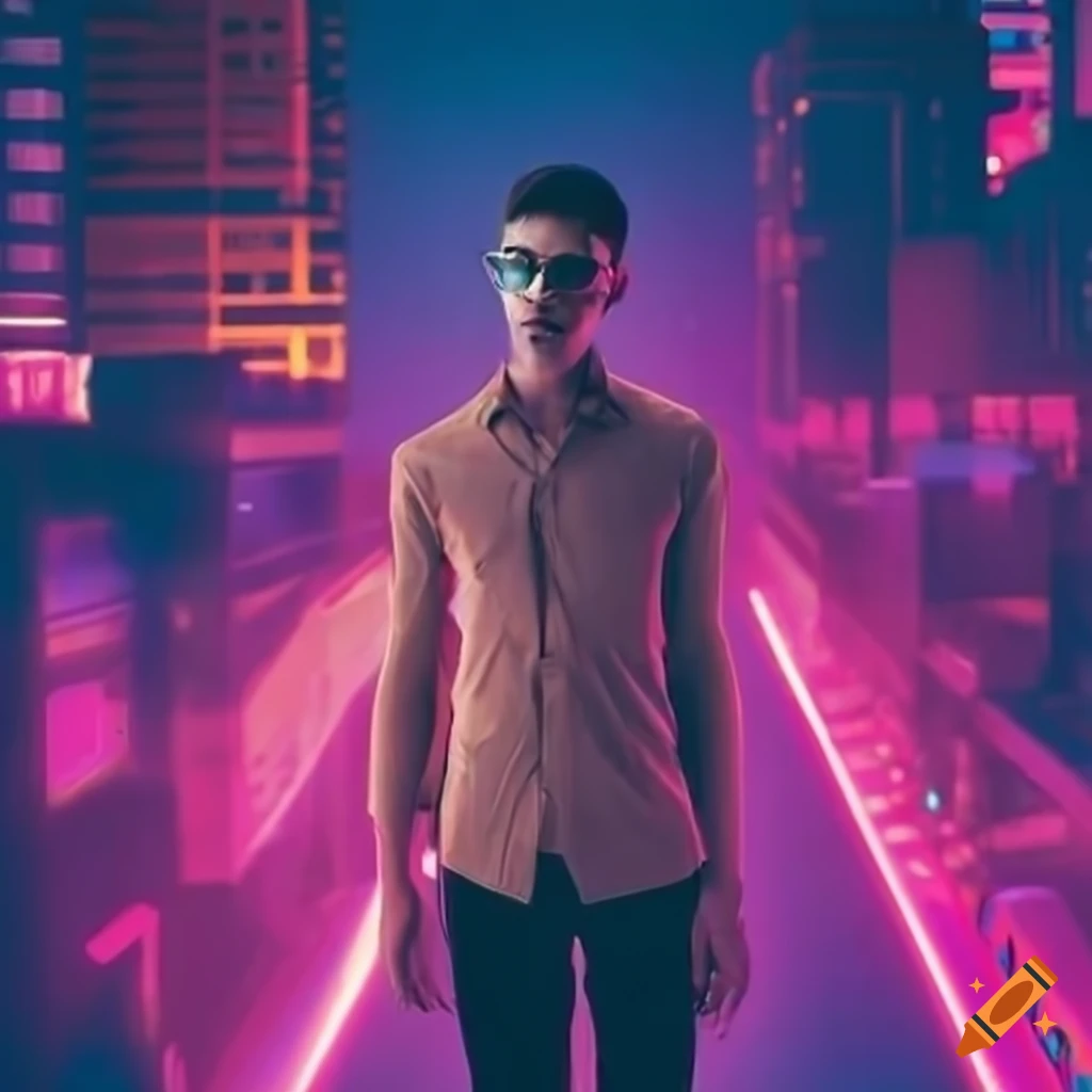 Young french man wearing light brown shirt, in futuristic neon city