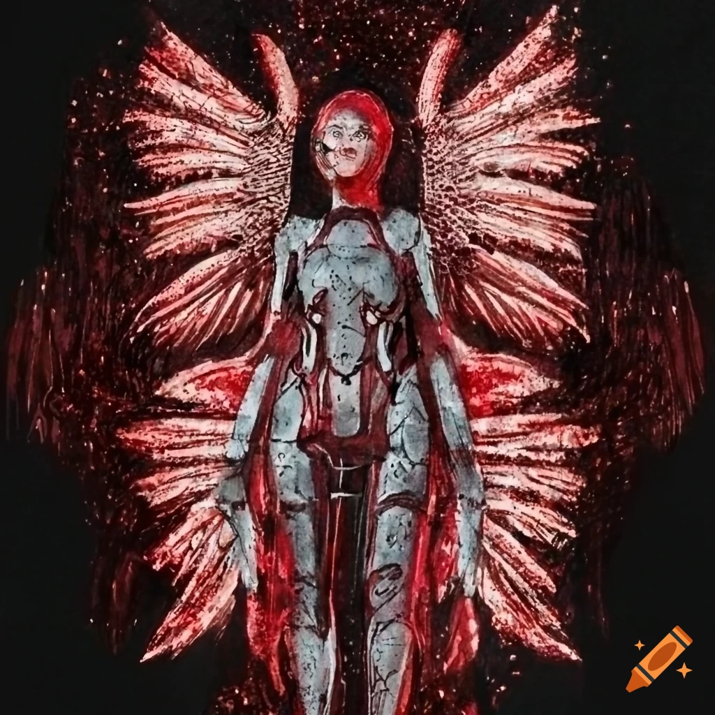 Line art of winged female in futuristic armor, In watercolor and ...