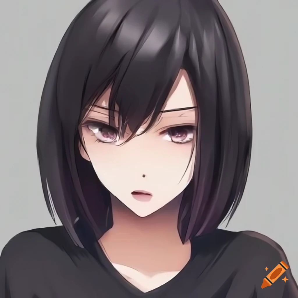 Anime female, black hair with a bob cut and long bangs that reach her ...