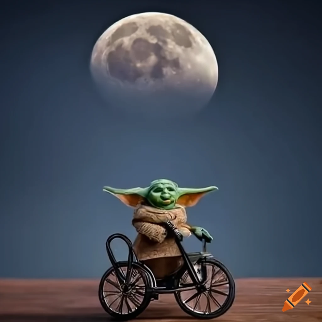 Baby yoda on bike in front of moon