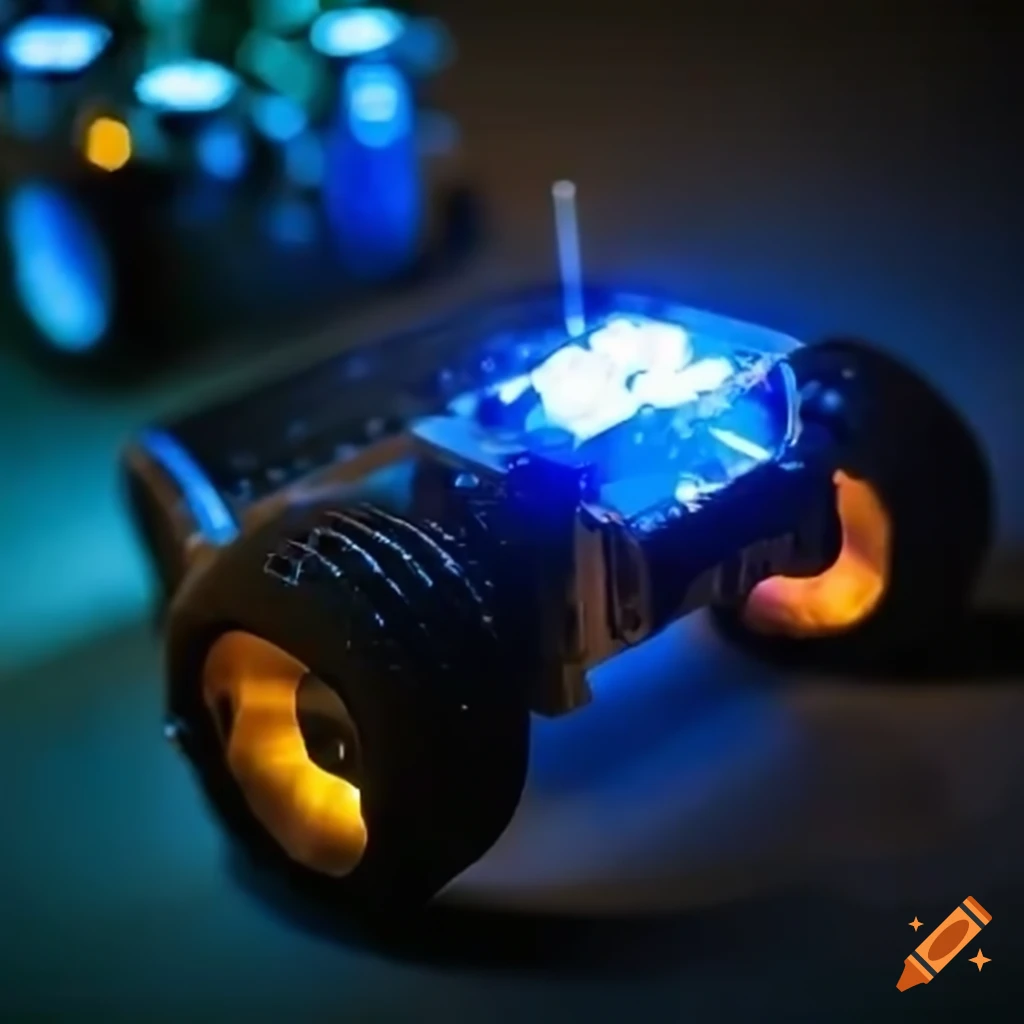 A robotic rover with six wheels and blue lights exploring a rocky terrain