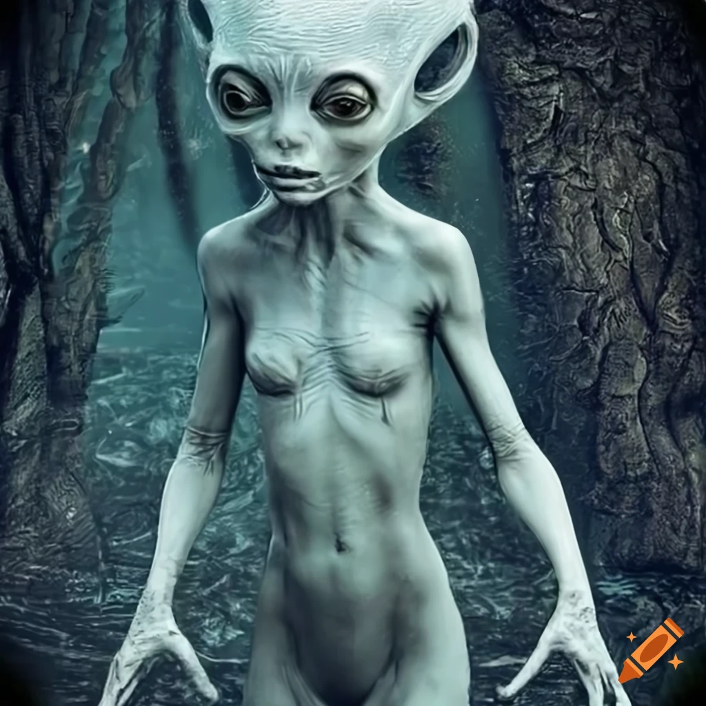 A detailed illustration of a female alien standing by a river on Craiyon