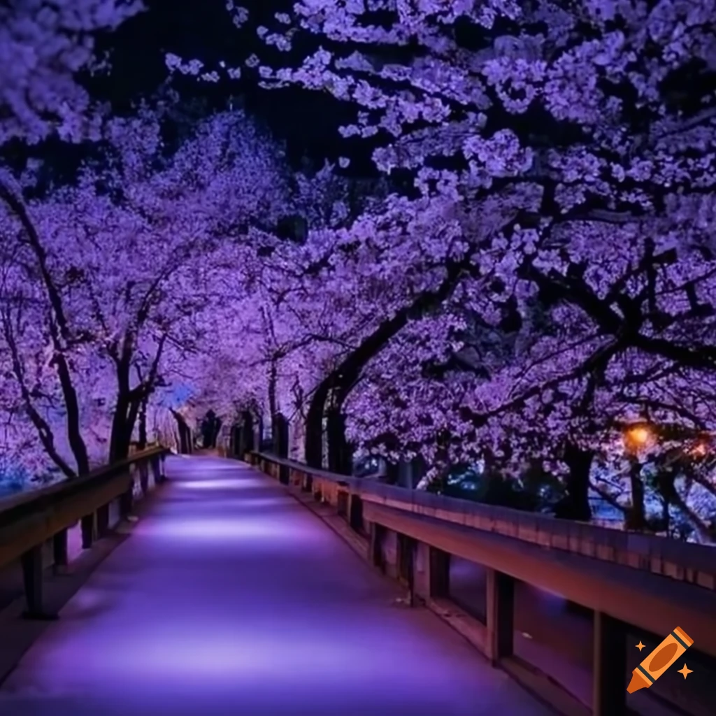 A serene walkway through blooming cherry blossoms at night
