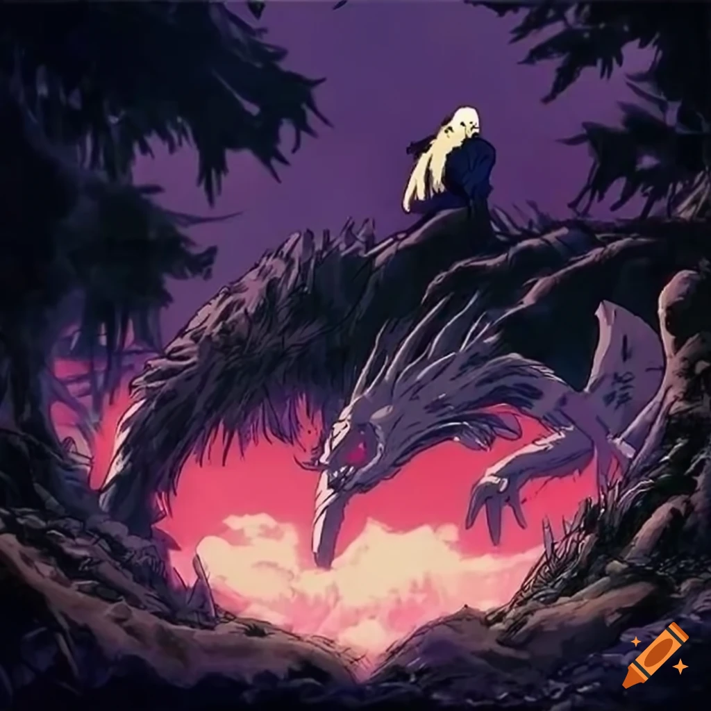 dark fantasy anime from 1985. 'princess mononoke' 'spirited away' 'nasuicaa the valley of the wind' mystical ancient land with prehistoric fantasy animals