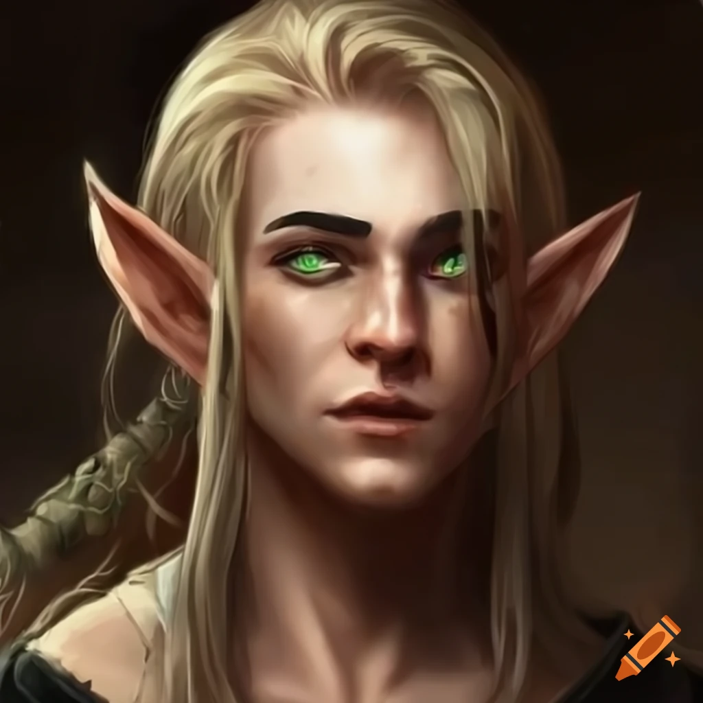 A Male Elf Who Has Long Blonde Hairgreen Eyes Poorly Made Clothes A Bow And A Burn Mark On