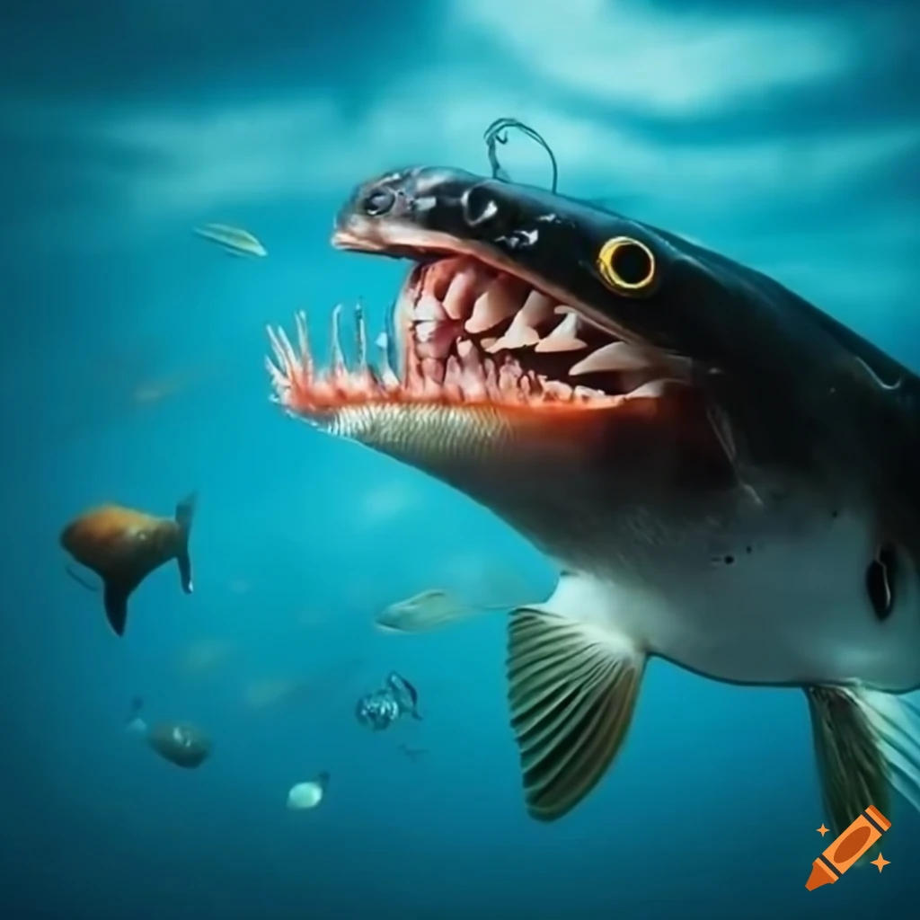 Melanocetus, using a light lure that grows from its head, lures fish into  its mouth armed with terrible teeth, while it remains hidden in the  darkness of the ocean depths on Craiyon